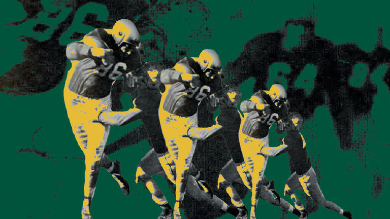 Collage of vintage football players in motion rendered in green, black, and gold