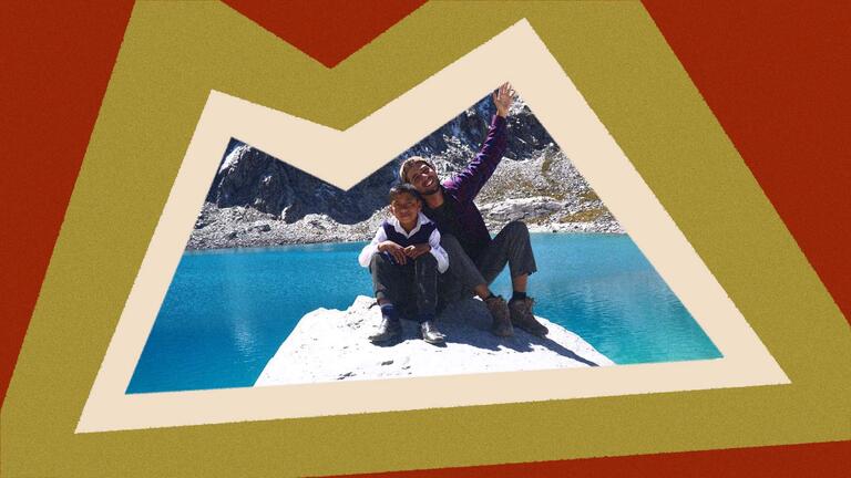 Kai Thompson with his neighbor Jesus at Laguna 69, a glacial lake in Peru.
