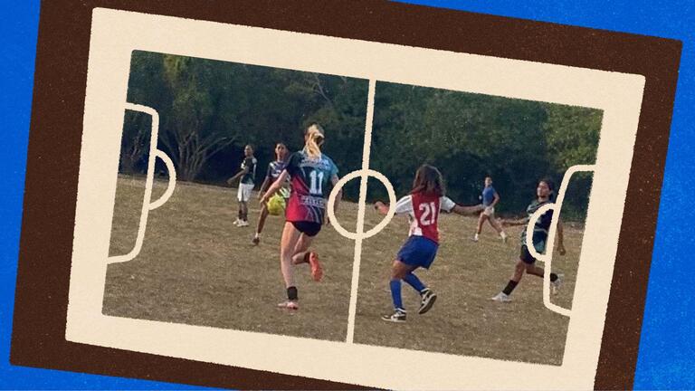 Lilly Ryan joins in the game as she coaches a girls' soccer team in Colombia.