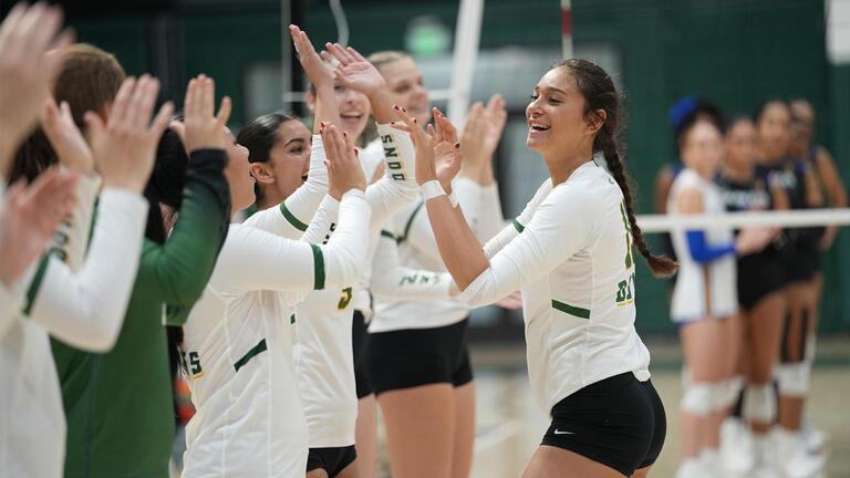Womens volleyball player high-fiving teammates