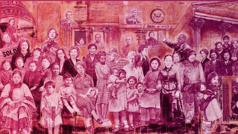 Historical mural of Asian American women, children, and families