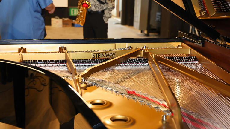 Top view of the Steinway grand piano's strings