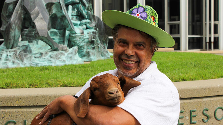 Person wearing a bright green hat holding a small brown lamb