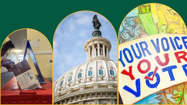 three images curved left to right is a ballot box, one was the capitol, and the last is a your vote your voice lettering image
