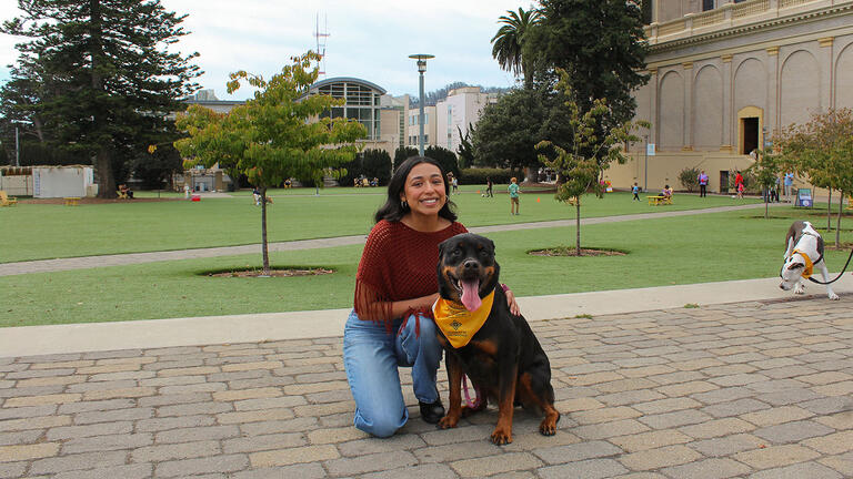 Rottweiler wearing a bandana sitting on the ground with owner 