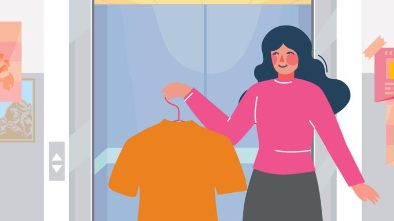 Graphic of a woman holding a shirt
