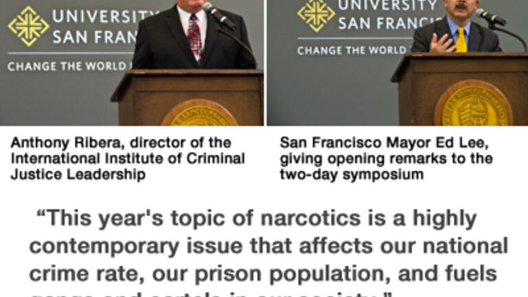Anthony Ribera, director of the International Institute of Criminal Justice Leadership and SF Mayor, Ed Lee, speak at two-day symposium