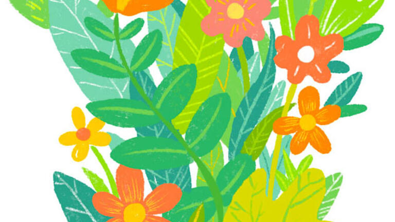 Illustration of bountiful plants growing from a book and a picture of Saint Ignatius