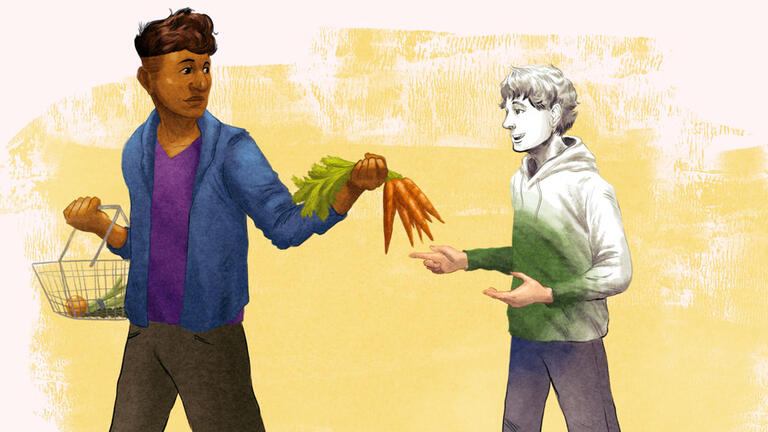 Illustration of one person giving another person a bunch of carrots