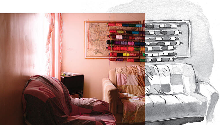 Photo and illustration of yarn hanging in spools on the wall above a cushion chair and couch 