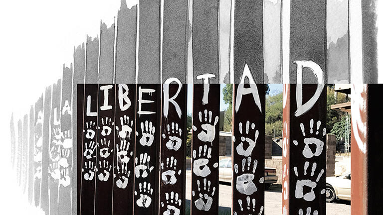 Photo and illustration of U.S.-Mexico border wall with hand prints and \"La Libertad\" painted on