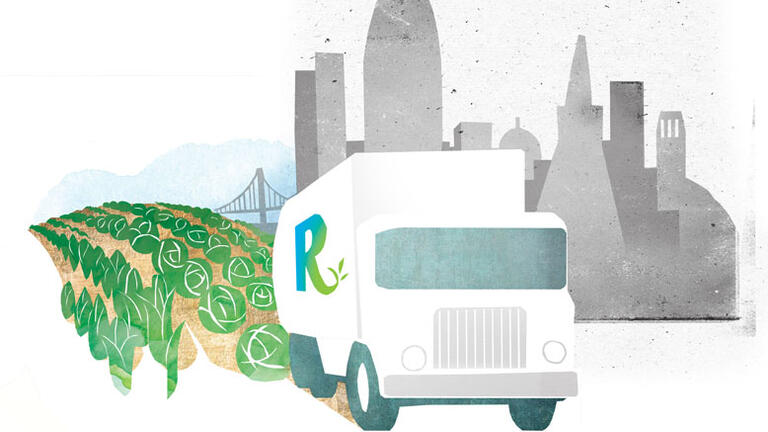 Illustration: Compost truck with farm vegetable rows and San Francisco skyline