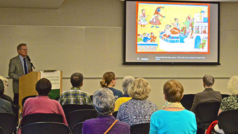 Dr. Forrest McGill gives attendees a sneak peek of the upcoming exhibition, “Rama Epic: Hero, Heroine, Ally, Foe”