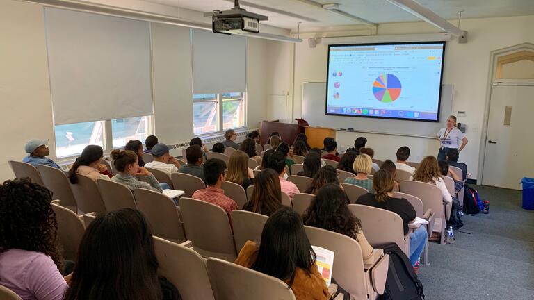 Students sit in a classroom looking at a lecture screen