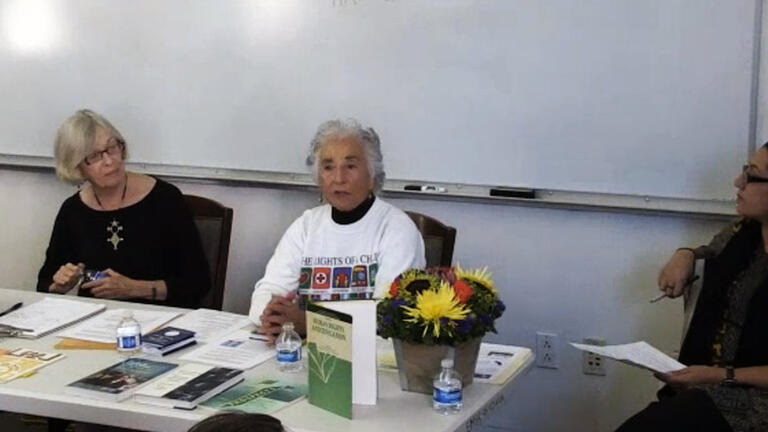 Nancy Flowers and Norma Tarrow, with moderator Dr. Monisha Bajaj (left to right), at the Three Decades of Human Rights Education event on September 24, 2016.