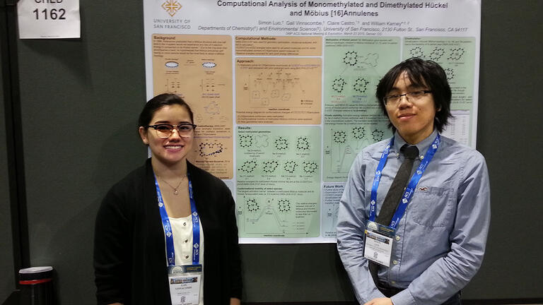 Gail Vinnacombe (left) and Simon Luo (right) in front of the poster they presented at the American Chemical Society National Meeting in Denver, March 2015