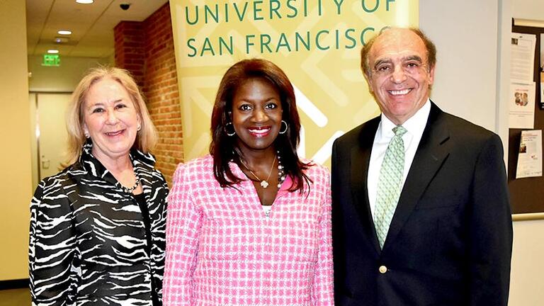 2016 Masters in Marketing Awards. Pictured from left: School of Management Dean Elizabeth Davis, Honoree Richelle Parham, and  Nicholas Imparato, chair of the School of Management’s Department of Marketing 