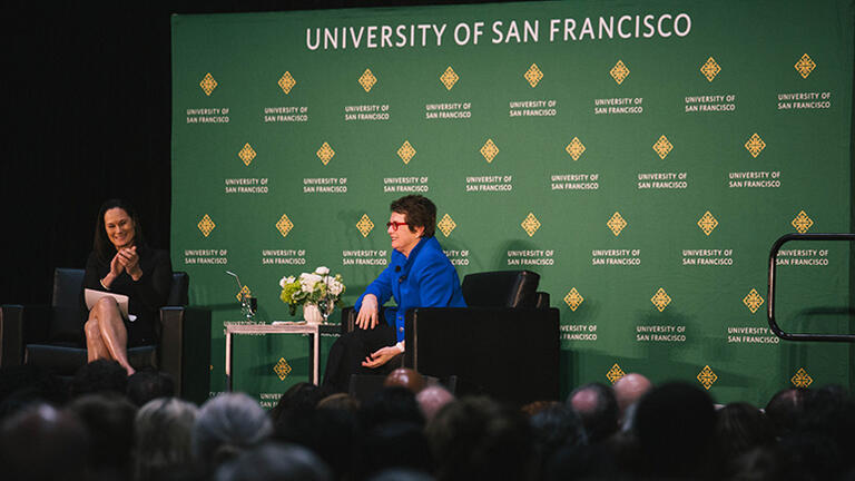 Billie Jean King speaking at the Silk Speaker Series