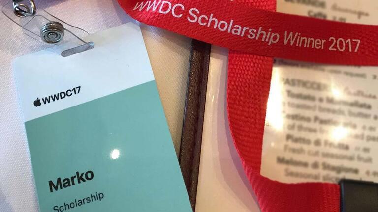 A closeup of Marko Crnkovic's (‘20), Worldwide Developers Conference (WWDC) scholarship program badge