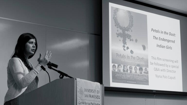 Producer and Director, Nyna Pais Caputi, introduces the film, “Petals in the Dust: The Endangered Indian Girls.” 