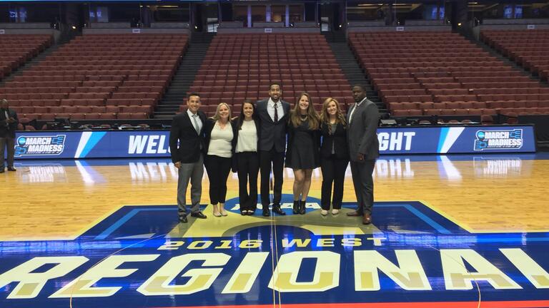(left to right) Kyle Catino '17, Megan McGarry '12, Casey Parisi '17, Chris Nelson '17, Melissa Deckers ‘11, Alyssa Carillo '14, and  DeAndre Horn '14.