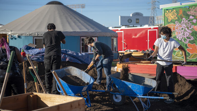 USF students build raised beds at the tiny house village