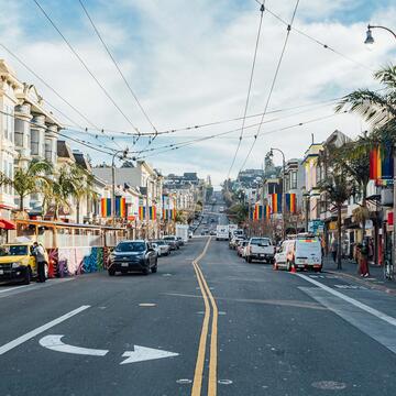 A street in Castro district with pride flags on lamp posts