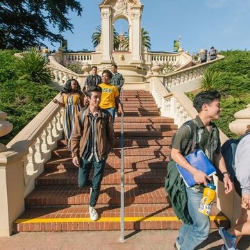 Students descend the Lone Mountain stairs.