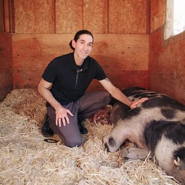 Professor crouches in front of pig in barn