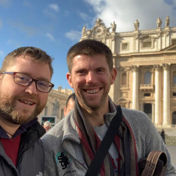 Two students at landmarks in Rome.