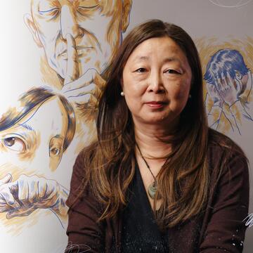 Photo of Interim Dean Eileen Fung set against close up illustrations of faces and a hand