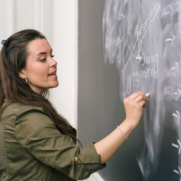 Person writing on chalkboard.