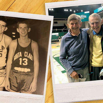 Two polaroid pictures (the left one taken in 1959, the right one taken in 2022) of brothers David Lillevand '59, JD '63 and Peter Lillevand.