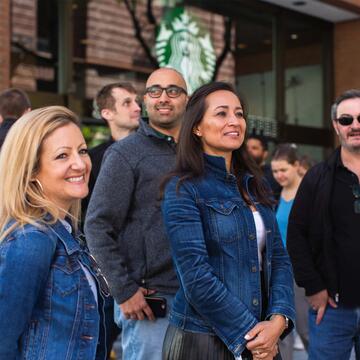 Students gather outside our downtown campus building