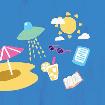 Illustration of a beach, sun, glasses, a drink, and books