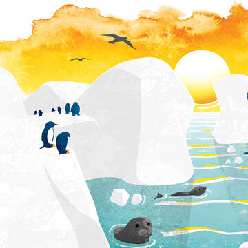 Illustration: Melting glaciers with seals and penguins in Antarctica