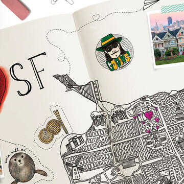 Collage of drawings and pictures that represent SF, plus the words "I Love SF".