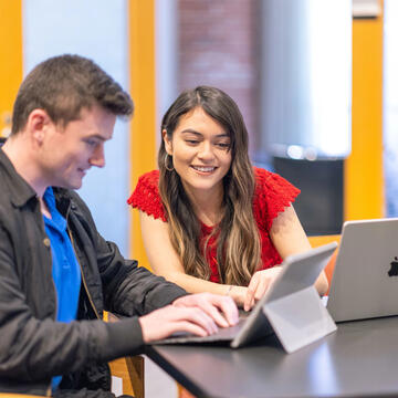 Two USF students working together on their laptops