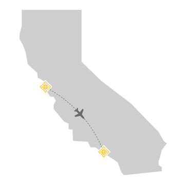 Map of California with a dotted line connecting San Francisco and Los Angeles 