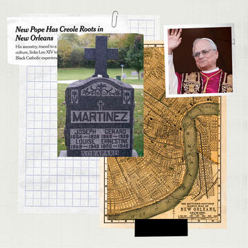 collage of Pope Leo XIV with the words New Pope Has Creole Roots in New Orleans