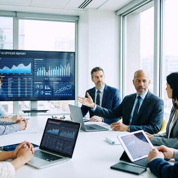 Businessperson leading meeting in conference room