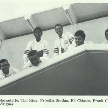 photo of Pat Marantette, Tim King, Pricilla Scotlan, Ed Chiosso, and Frank Clifford, Al Rodrigues on the roof of a building