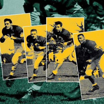 Decorative arrangement of several football players.