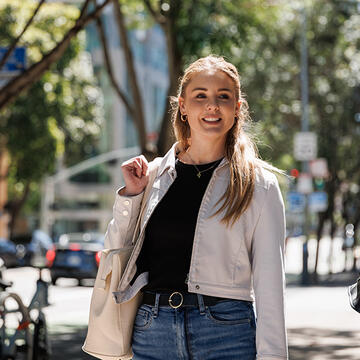 student walks downtown SF