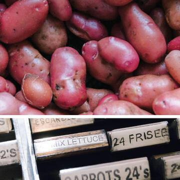 Red-skinned potatoes and Rubber stamps for labeling produce