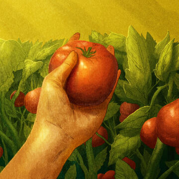 Illustration of a hand holding a tomato