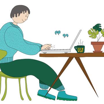 Illustration of student sitting on computer working on laptop