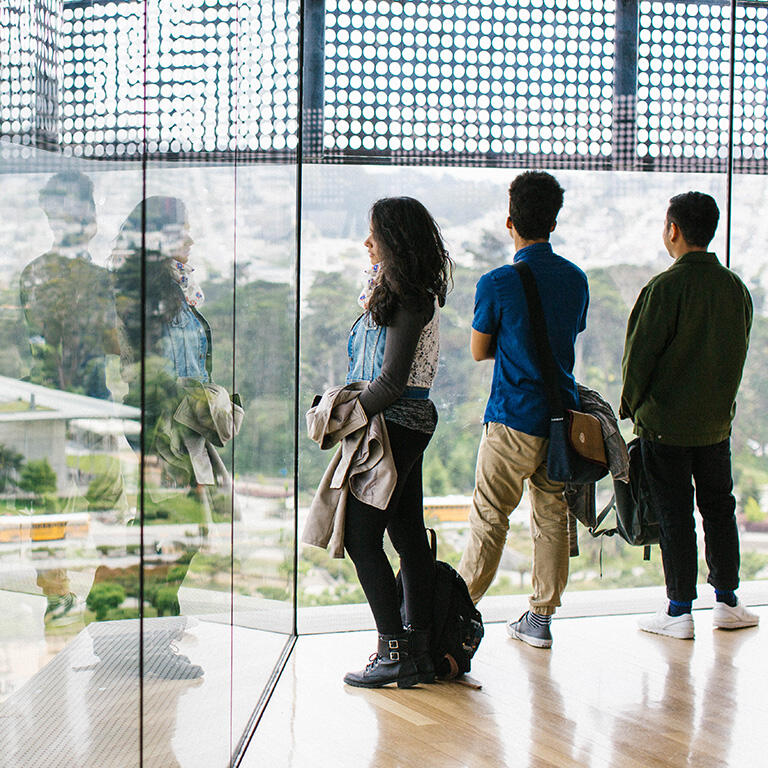 students look out observation room at the de young museum