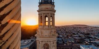 Bell tower at St Ignatius Church at sundown