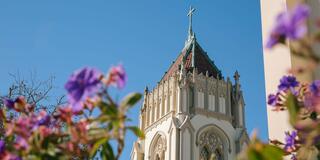 Tower at Lone Mountain and flowering bushes